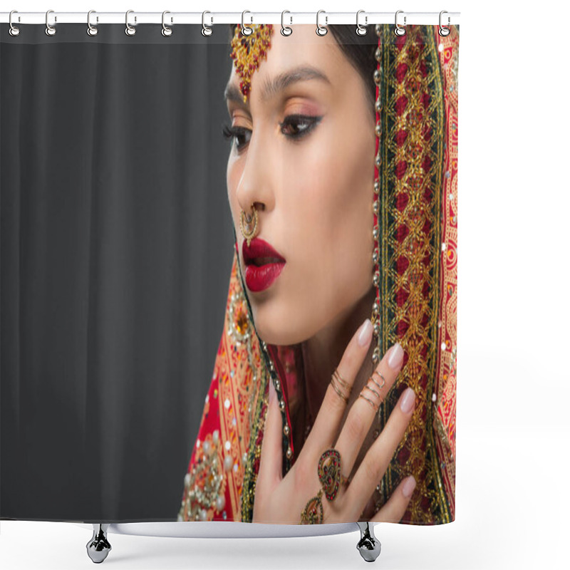 Personality  Attractive Indian Woman Posing In Traditional Sari, Isolated On Grey  Shower Curtains