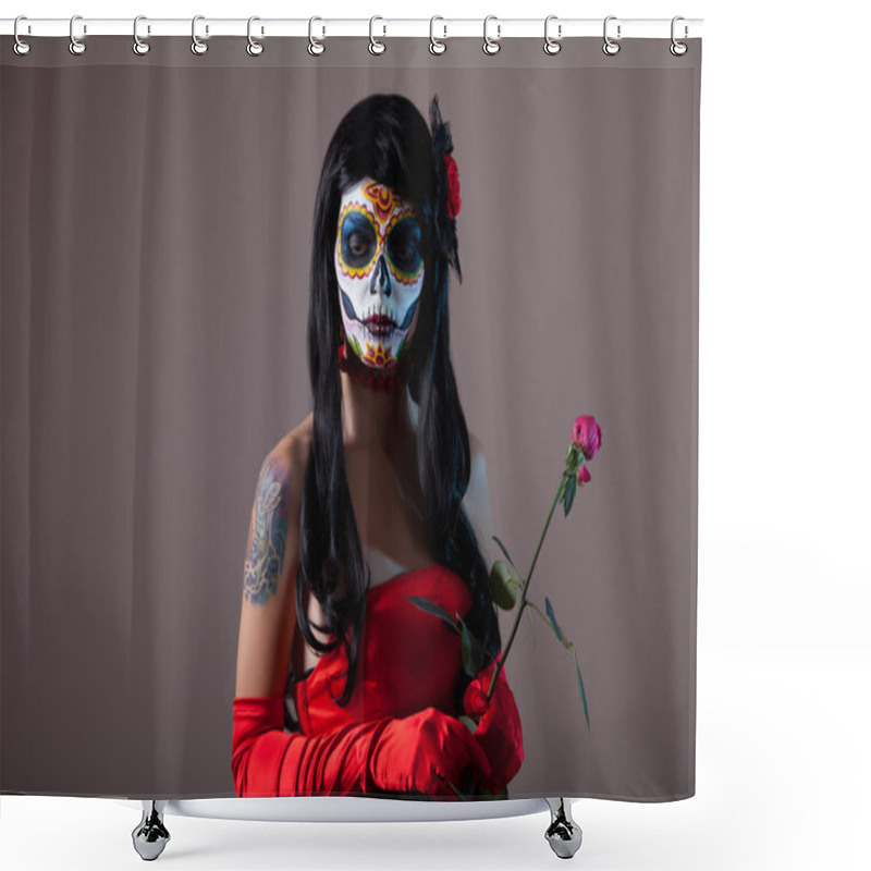 Personality  Sugar Skull Girl With Red Rose Shower Curtains