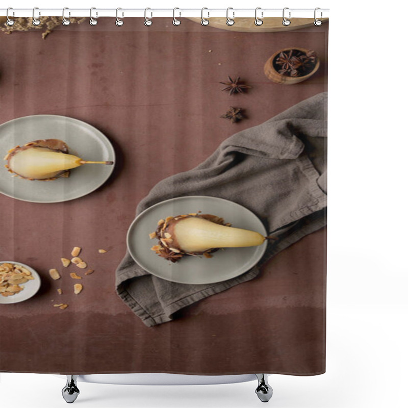 Personality  Poached Pears With Chocolate Sauce And Almond Flakes On Plates, Surrounded By Scattered Almonds, Star Anise, And A Gray Cloth On A Brown Surface Shower Curtains