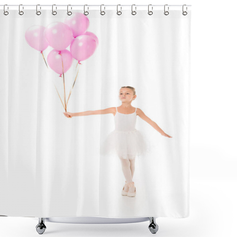 Personality  Little Ballerina In Tutu Dancing With Pink Balloons Isolated On White Background  Shower Curtains