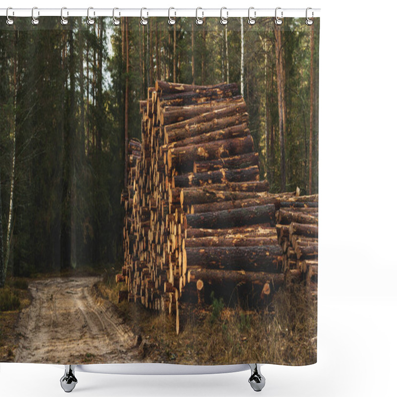 Personality  Logs Ready For Transport In A Forest. Forestry Industry, Wood Production, And Logging. High Quality Photo Shower Curtains