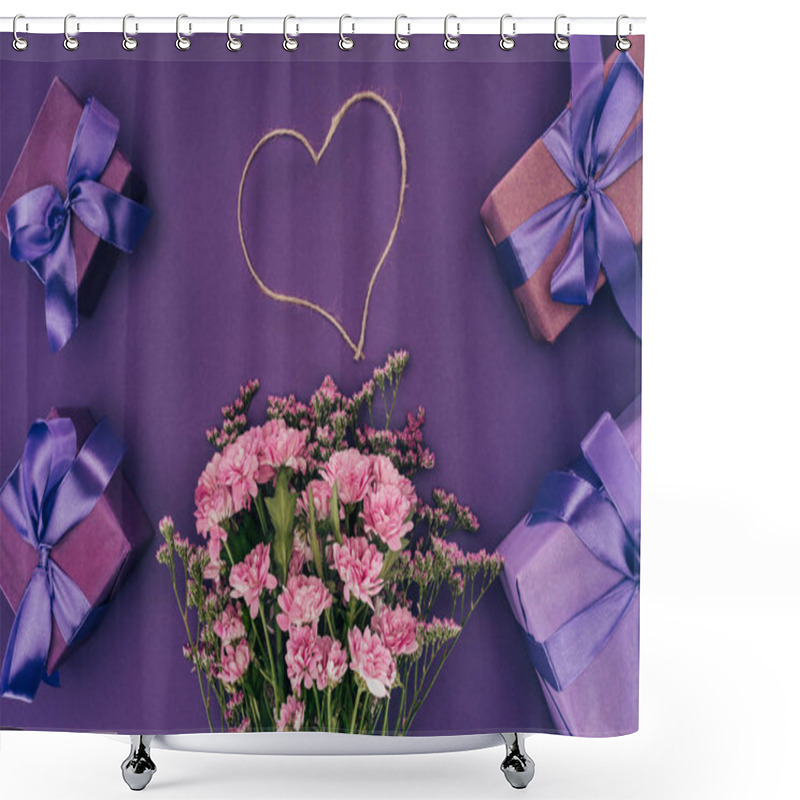 Personality  Bouquet Of Beautiful Pink Flowers, Heart-shaped Rope And Gift Boxes On Violet Shower Curtains