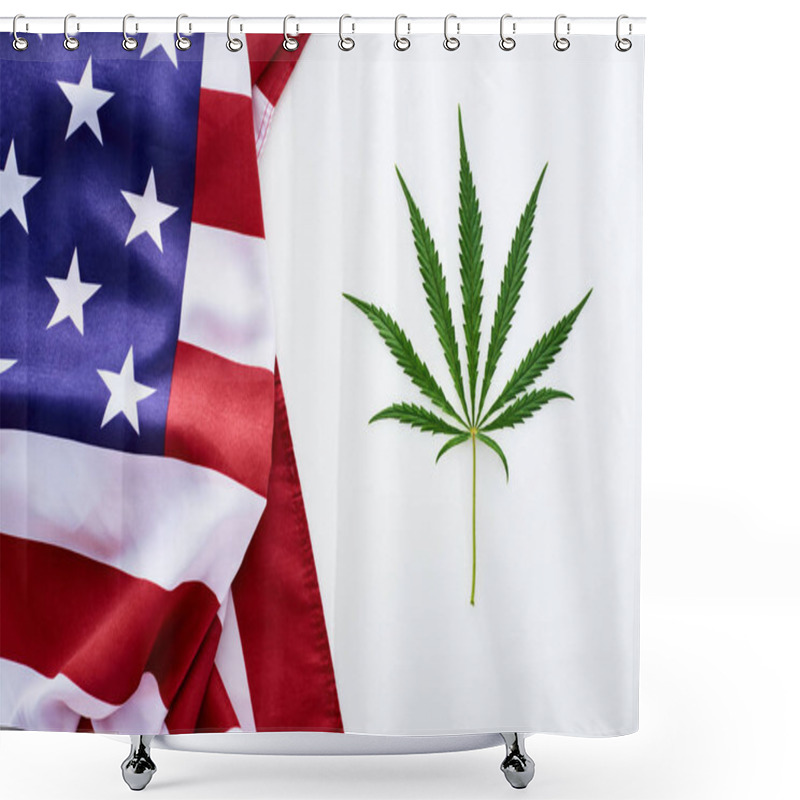 Personality  Top View Of Green Cannabis Leaf Near Crumpled American Flag On White Background Shower Curtains