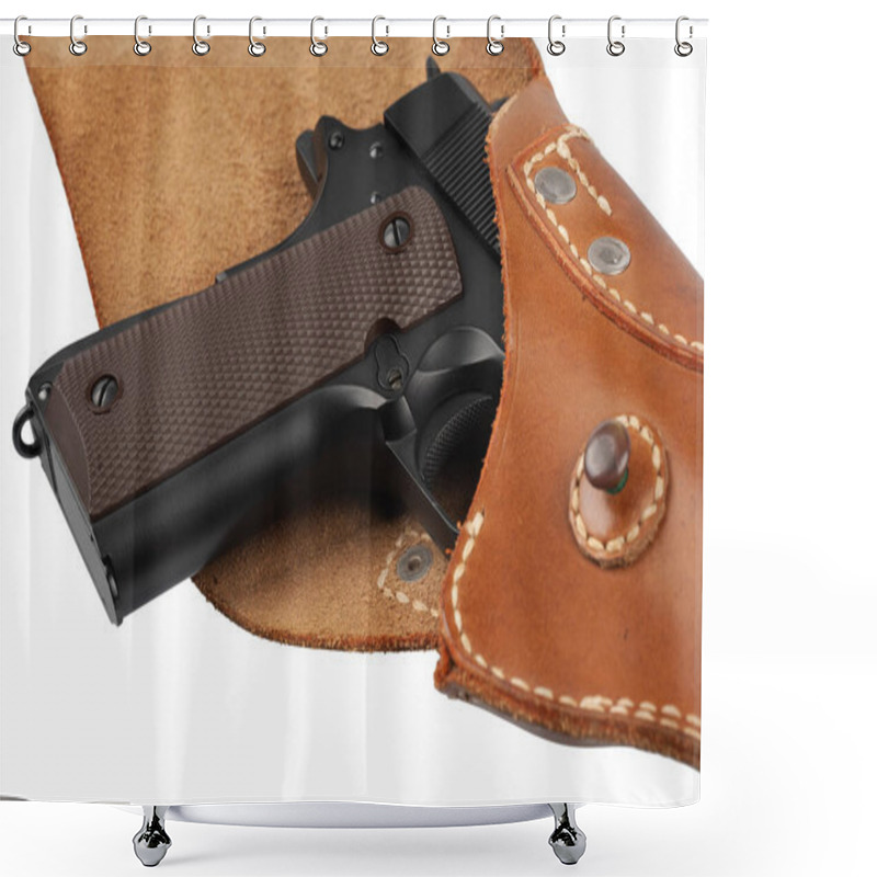 Personality  M1911 Automatic Pistol, Caliber .45 In Holster Isolated On White Background Shower Curtains