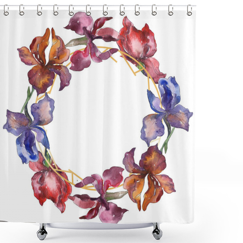 Personality  Purplr Ahd Red Irises Floral Botanical Flower. Wild Spring Leaf Wildflower. Watercolor Background Illustration Set. Watercolour Drawing Fashion Aquarelle Isolated. Frame Border Ornament Square. Shower Curtains