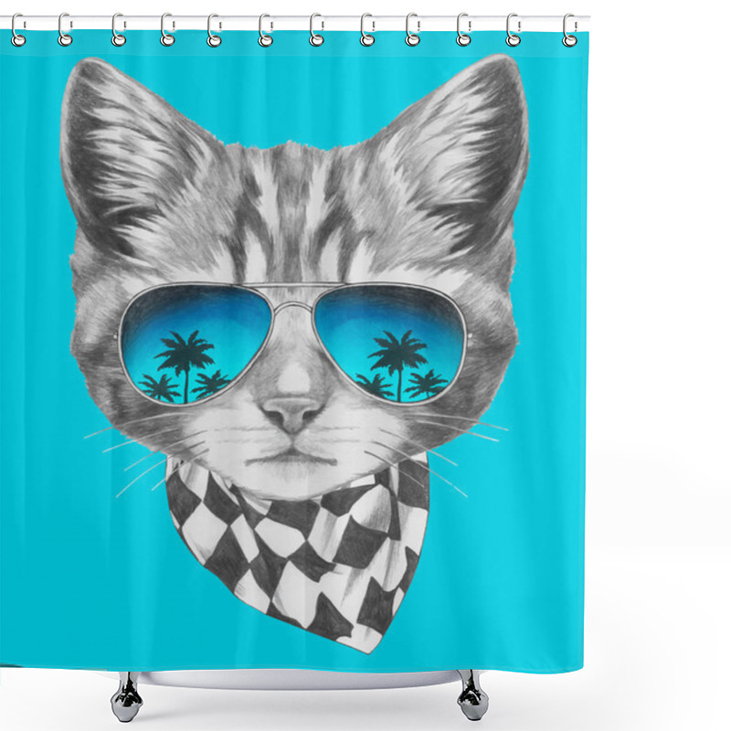 Personality  Cat With Mirror Sunglasses And Scarf. Shower Curtains