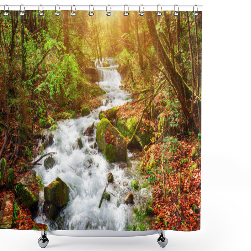 Personality  Amazing View Of Mountain River Among Mossy Stones And Fall Woods Shower Curtains