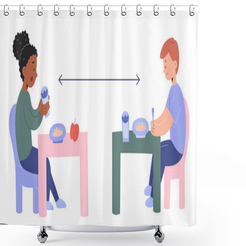 Personality  Little Kids Eating In Kindergarten With Social Distancing Measures Sitting At Separate Tables, Children Having Lunch In Preschool Nursery, Cute Toddler Characters, Vector Cartoon Illustration Shower Curtains