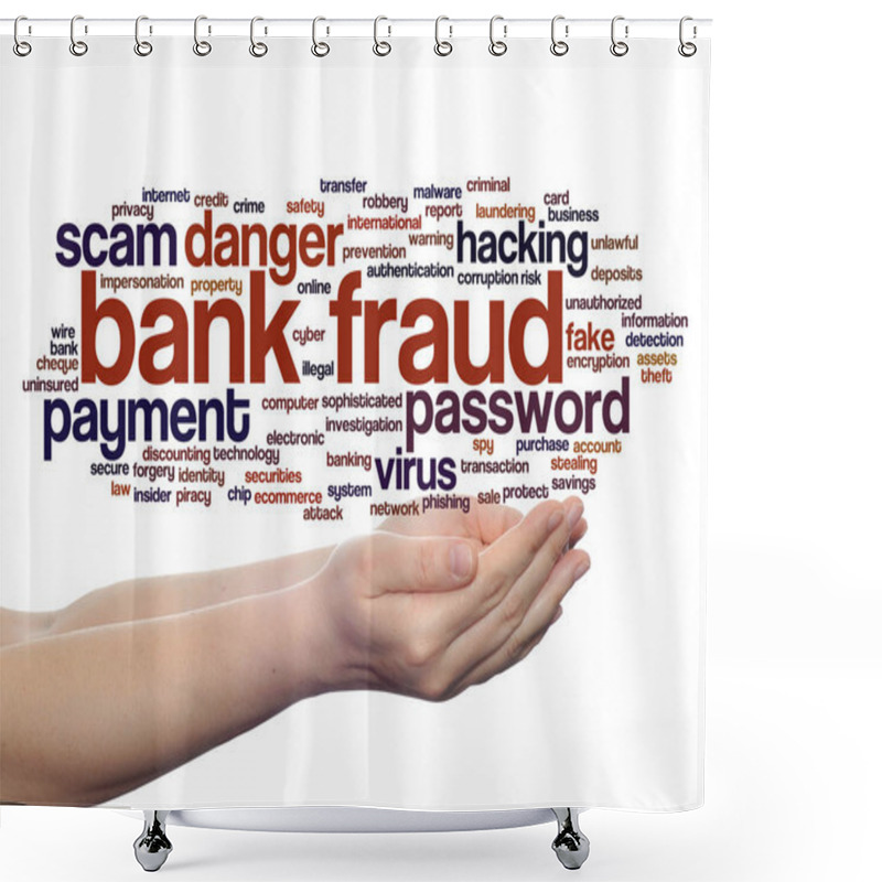 Personality  Concept Or Conceptual Bank Fraud Payment Scam Danger Abstract Word Cloud In Hand Isolated On Background Shower Curtains