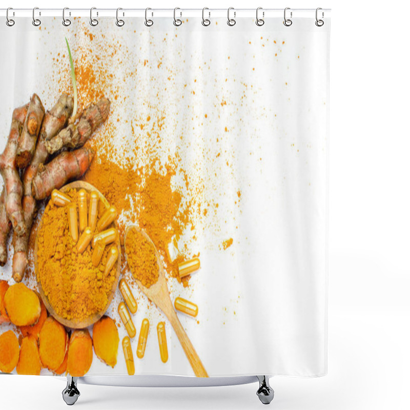 Personality  Organic Curcumin Or Turmeric Powder, Capsule, And Fresh Root On White Background, For Health Care Or Alternative Treatment Concept Shower Curtains