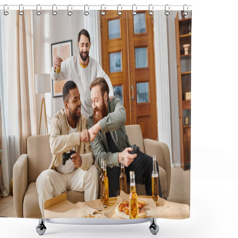 Personality  Three Handsome, Interracial Men In Casual Attire Cheerfully Sit Around A Table With Beer, Sharing Laughter And Camaraderie. Shower Curtains