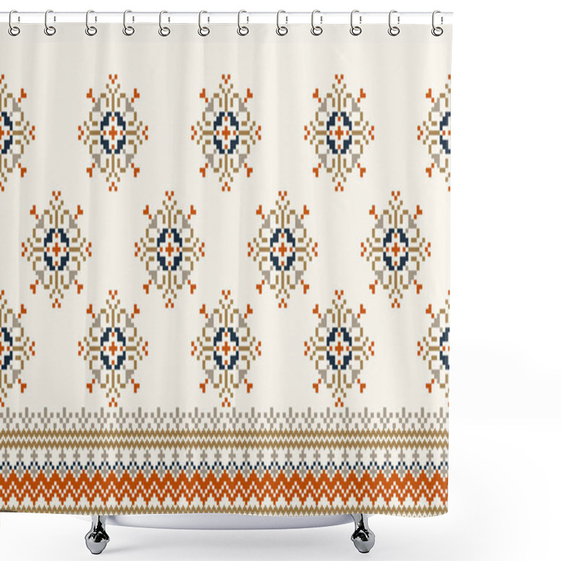 Personality  Floral Cross Stitch Embroidery On White Background.geometric Ethnic Oriental Seamless Pattern Traditional.Aztec Style Abstract Vector Illustration.design For Texture,fabric,clothing,wrapping,carpet. Shower Curtains