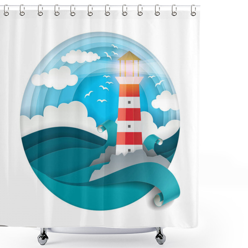 Personality  Lighthouse Among Raging Waves Vector Illustration In Paper Art Style Shower Curtains