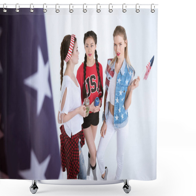 Personality  Smiling Girls With American Flag Shower Curtains