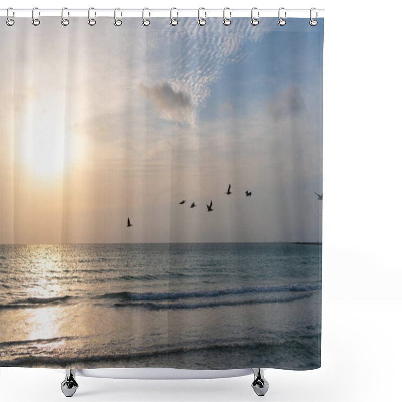 Personality  Ocean Water With Sunset Sky And Silhouettes Of Seagull. Seascape Golden Sunrise Shower Curtains