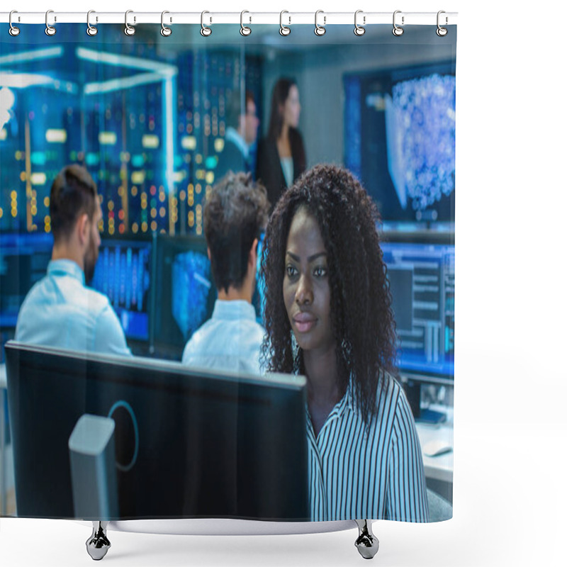 Personality  Female Computer Engineer Works On A Neural Network/ Artificial Intelligence Project With Her Multi-Ethnic Team Of Specialist. Office Has Multiple Screens Showing 3D Visualization. Shower Curtains