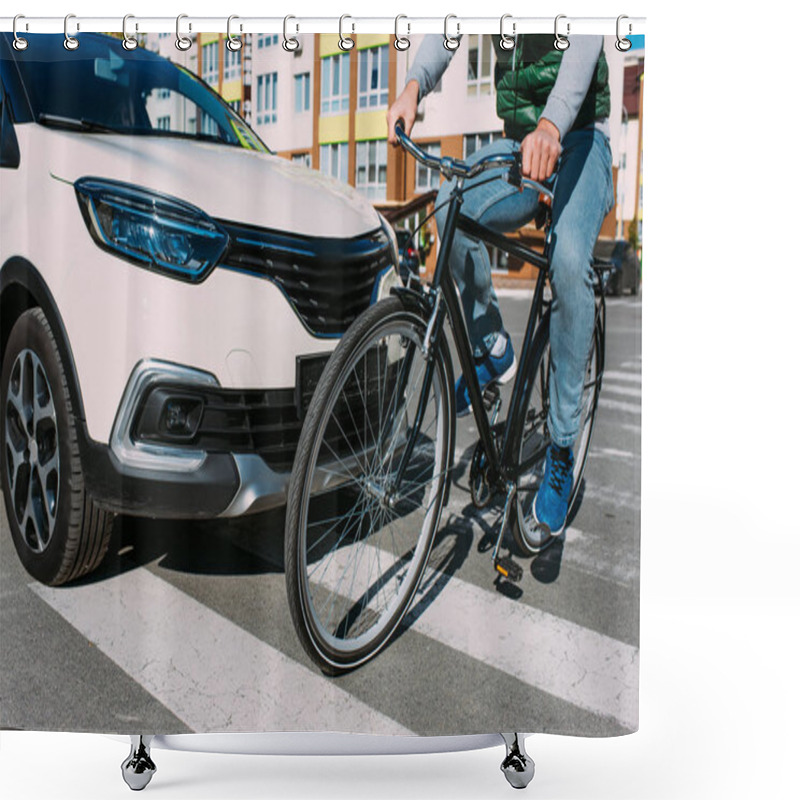 Personality  Partial View Of Man On Bicycle Crossing Road While Driver In Car Waiting  Shower Curtains