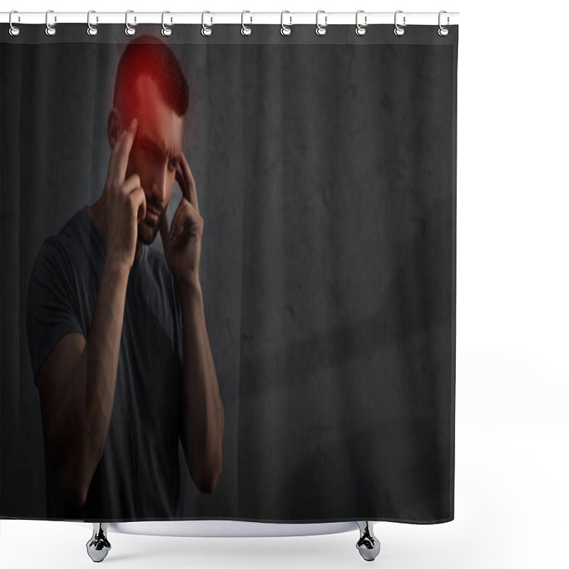 Personality  Tired Upset Man Suffering From Headache With Red Painful Point On Head Shower Curtains