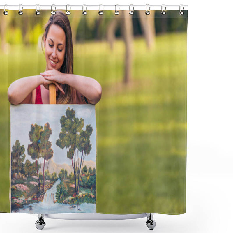 Personality  Woman Sitting Behind A Canvas Painted Outdoors Shower Curtains