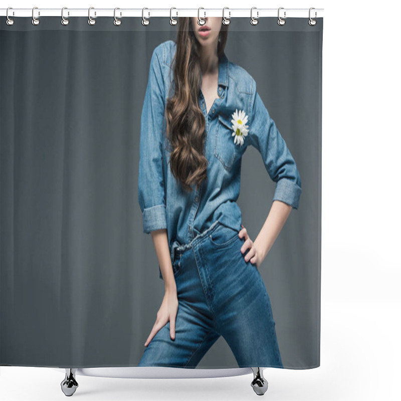 Personality  Cropped View Of Girl Posing In Denim Shirt With Flower, Isolated On Grey Shower Curtains