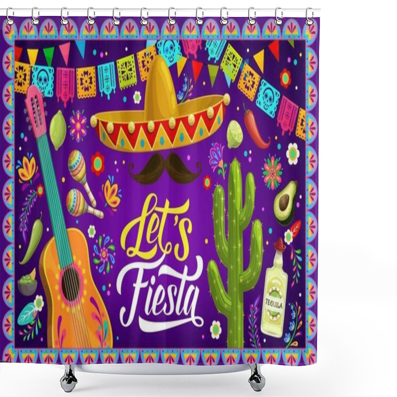 Personality  Mexican Fiesta Party Banner Or Flyer With Sombrero, Guitar And Papel Picado Flags, Vector Background. Mexico Holiday Festival Tequila, Avocado, Cactus With Maracas And Mustaches In Papel Picado Frame Shower Curtains