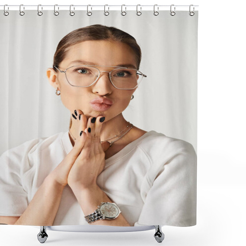 Personality  A Young Woman In A White T-shirt And Glasses Is Making A Funny Face Against A Grey Background. Shower Curtains