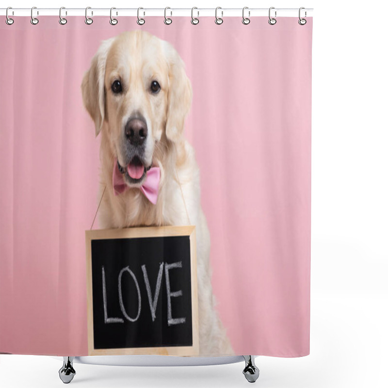 Personality  The Dog Is Holding A Black Sign With The Text LOVE. A Golden Retriever Sits On A Pink Background Wearing A Bow Tie And Looking At The Camera. Conceptual Advertising, Banner Shower Curtains