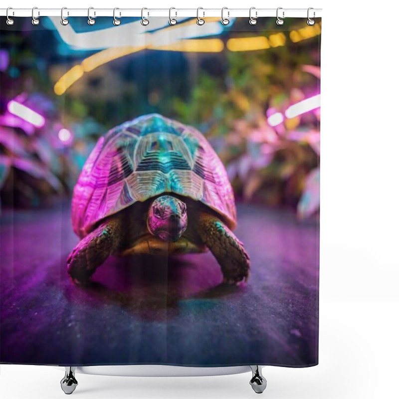 Personality  A Cybernetic Tortoise Crawling Slowly Through A Neon Garden, Its Shell Adorned With Glowing Patterns That Mimic Natural Designs. Full Shot (FS), Tilt-Shift, Eye Level Shot Shower Curtains