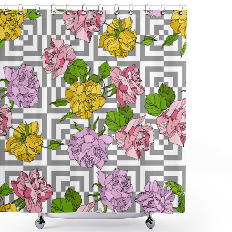 Personality  Vector Rose Floral Botanical Flowers. Wild Spring Leaf Wildflower. Engraved Ink Art. Seamless Background Pattern. Shower Curtains