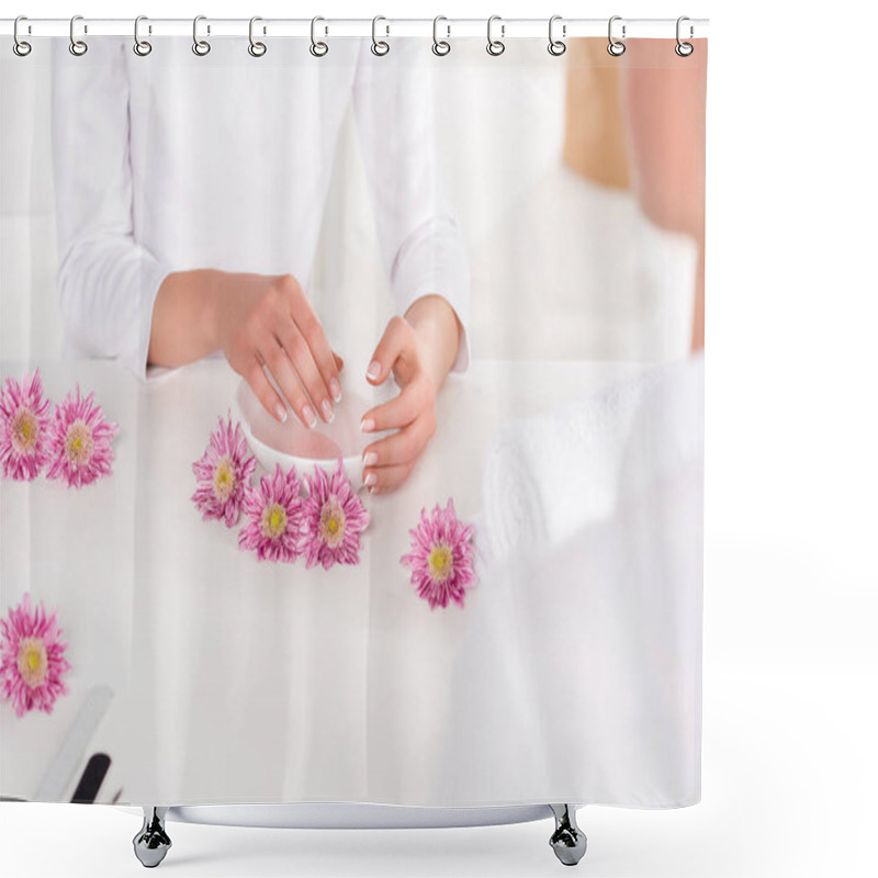 Personality  Cropped Image Of Manicurist And Woman Receiving Bath For Nails At Table With Flowers In Beauty Salon Shower Curtains