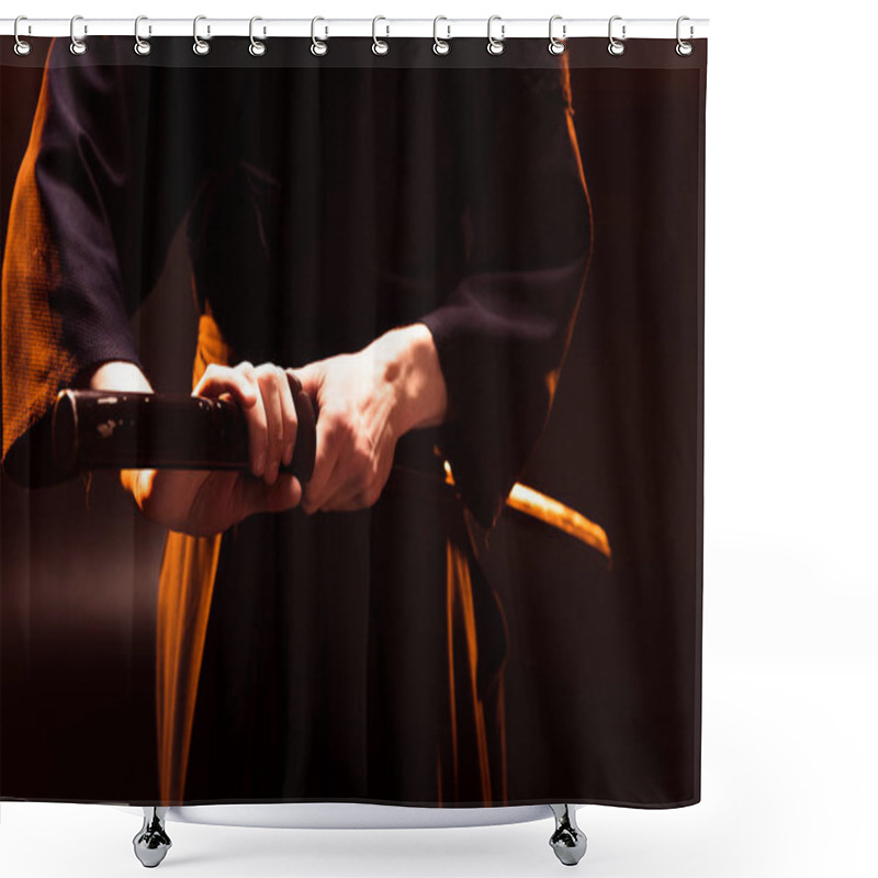 Personality  Partial View Of Kendo Fighter Holding Bambo Sword On Black Shower Curtains