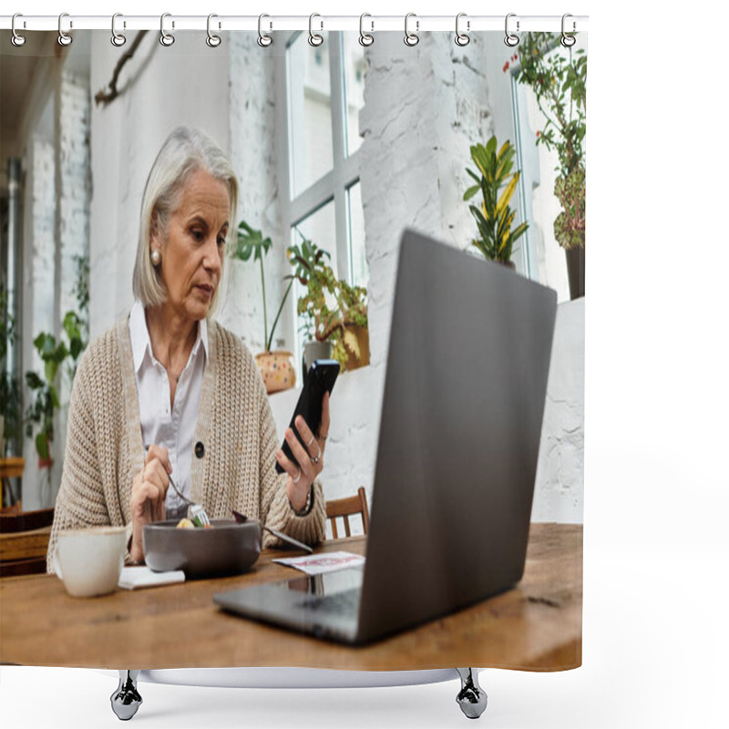 Personality  A Mature Woman With Beautiful Gray Hair Savors Her Meal And Checks Her Smartphone At A Cozy Table. Shower Curtains