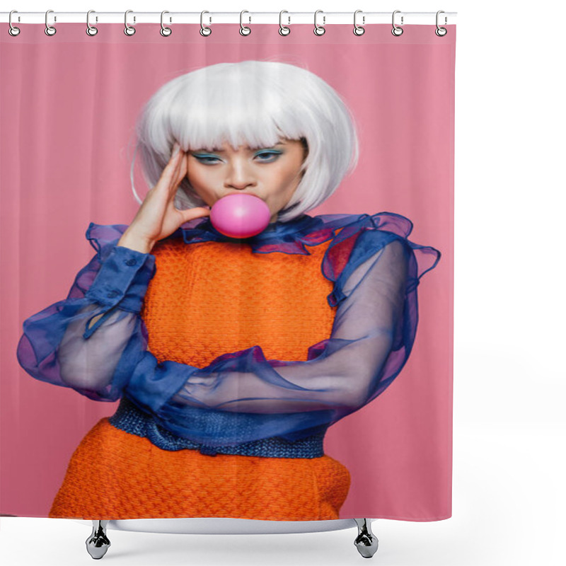 Personality  Pretty Asian Woman In White Wig Blowing Bubble Gum Isolated On Pink  Shower Curtains