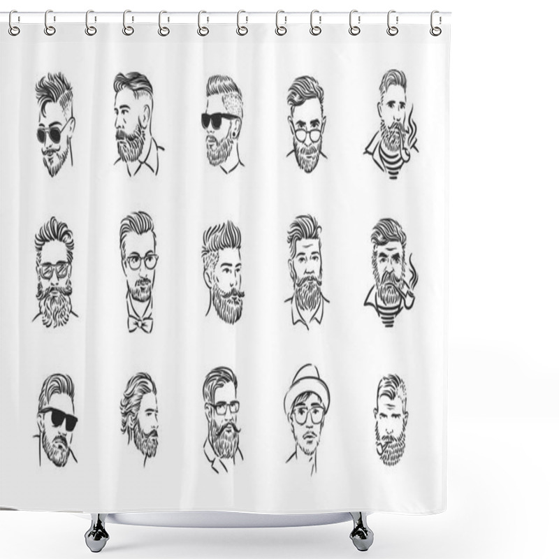 Personality  Vector Hand Drawn Man Hairstyle Silhouettes Illustration On White Background Shower Curtains