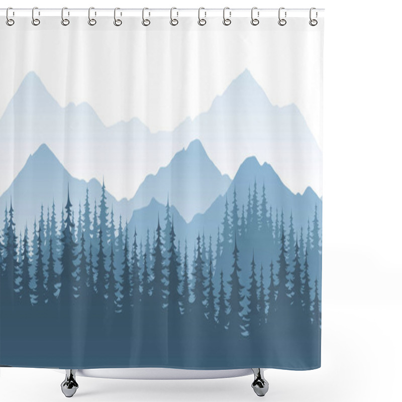 Personality  Mountain Forest - Vector Landscape Illustration With Silhouette Or Rocks And Trees. Shower Curtains