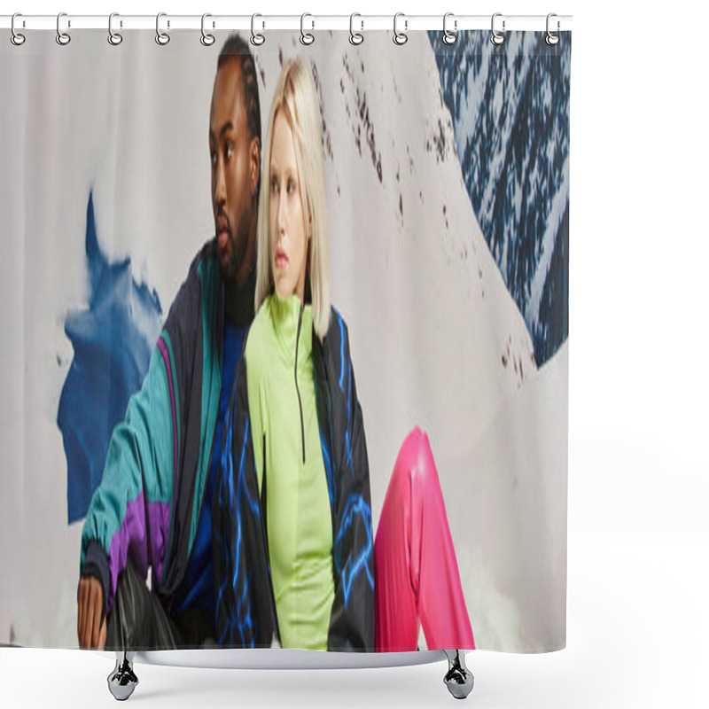 Personality  Beautiful Multicultural Couple In Warm Bright Outfits With Mountain Backdrop, Winter Concept, Banner Shower Curtains