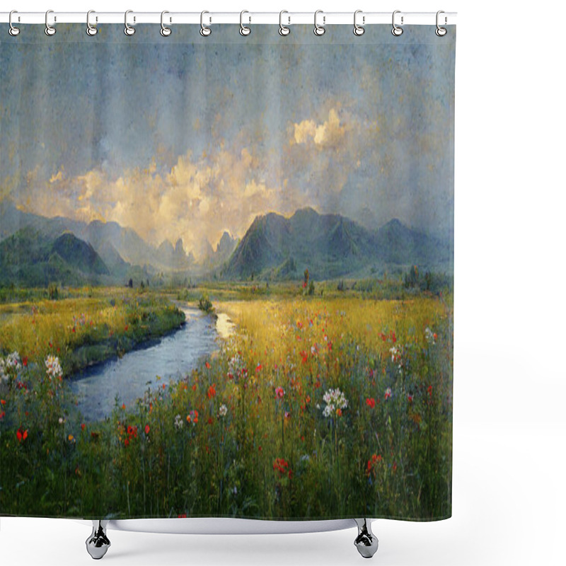 Personality  A Wonderful Natural Landscape With A Wildflower Meadow, River And Mountains In The Background. Calm Evening Light. Idyllic Wildlife Background. Digital Art. Shower Curtains