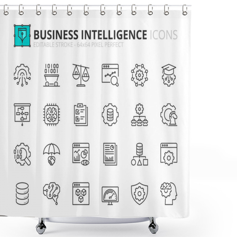 Personality  Line Icons About Business Intelligence. Contains Such Icons As Management Big Data, Analysis, Reporting, Benchmarking And Machine Learning.  Editable Stroke Vector 64x64 Pixel Perfect Shower Curtains