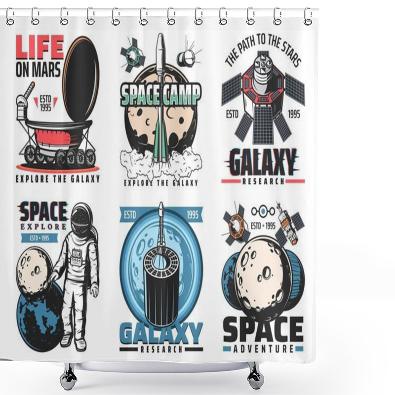 Personality  Space Vector Icons With Rockets, Astronaut And Galaxy Planets Of Astronomy Design. Universe Exploration Spaceship, Satellites And Shuttle, Earth, Moon And Mars, Rover Robot, Space Station And Stars Shower Curtains