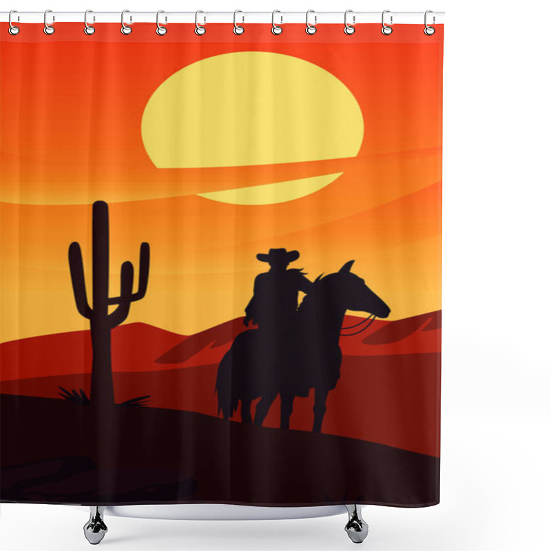 Personality  Wild West Sunset Scene With Cowboy In Horse And Cactus Shower Curtains