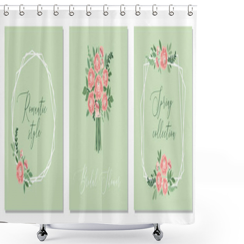 Personality  Cute Botanical Theme Set Of Floral Frame Background With Bouquets Of Hand Drawn Rustic Roses And Leaves Branches Shower Curtains