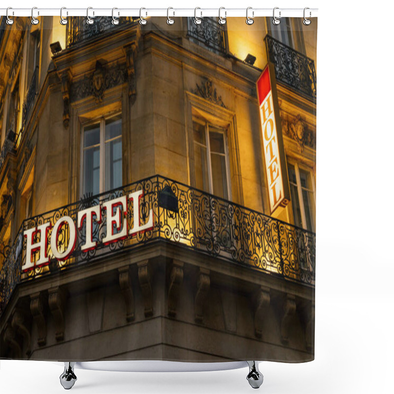 Personality  Lluminated Hotel Sign Taken In Paris At Night Shower Curtains