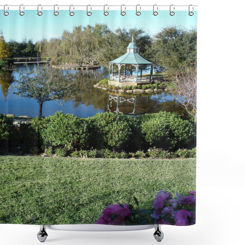 Personality  Formal Hedges And Gazebo Near Lake Shower Curtains