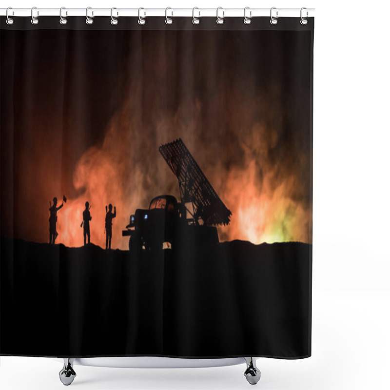 Personality  Rocket Launch With Fire Clouds. Battle Scene With Rocket Missiles With Warhead Aimed At Gloomy Sky At Night. Soviet Rocket Launcher On War Background. Shower Curtains