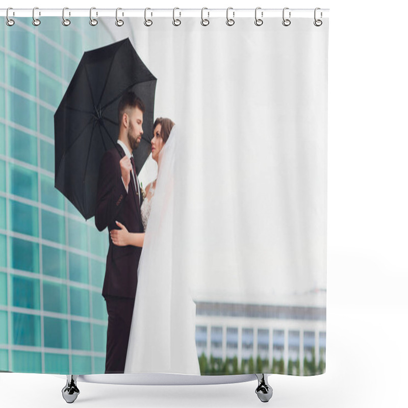 Personality  The Bride And Groom With A Bouquet Of Flowers Under The Umbrella. Shower Curtains