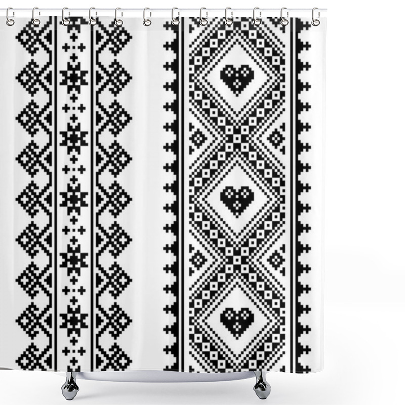 Personality  Traditional Ukrainian And Belarusian Folk Art Vector Pattern - Vertical Seamless Cross-stitch Design In Black And White. Ethnic Monochrome Repetitive Textile Background With Snowflakes, Hearts And Geometric Motifs  Shower Curtains