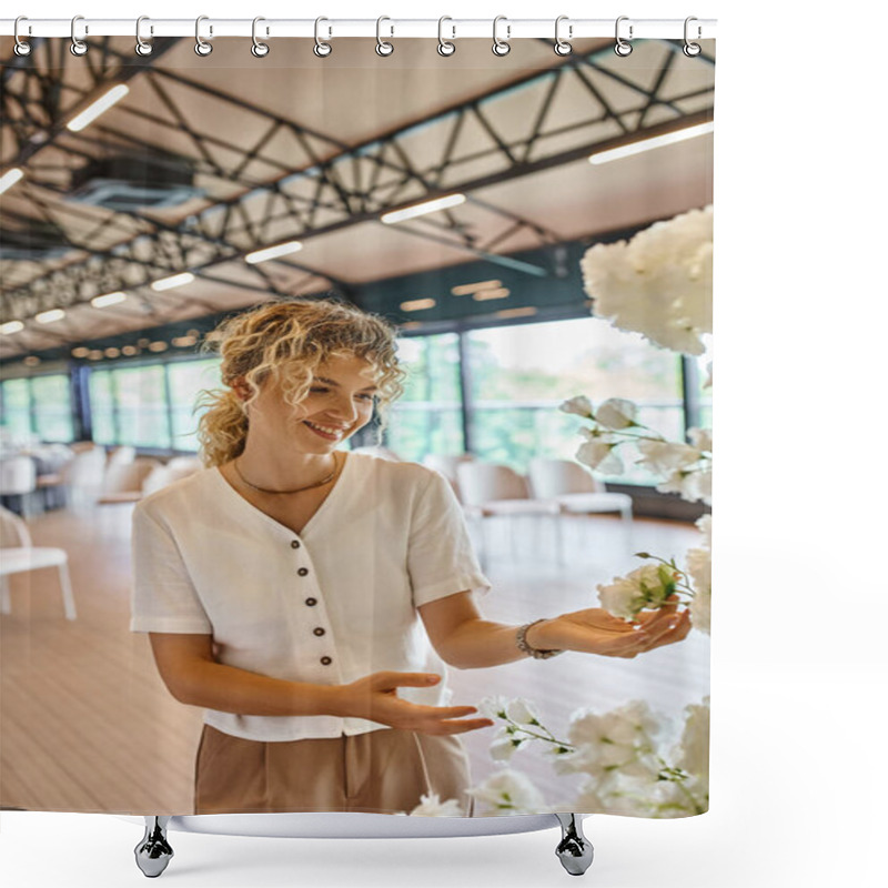 Personality  Joyful Blonde Woman With Wavy Hair Smiling Near White Flowers In Event Hall, Creative Florist Shower Curtains