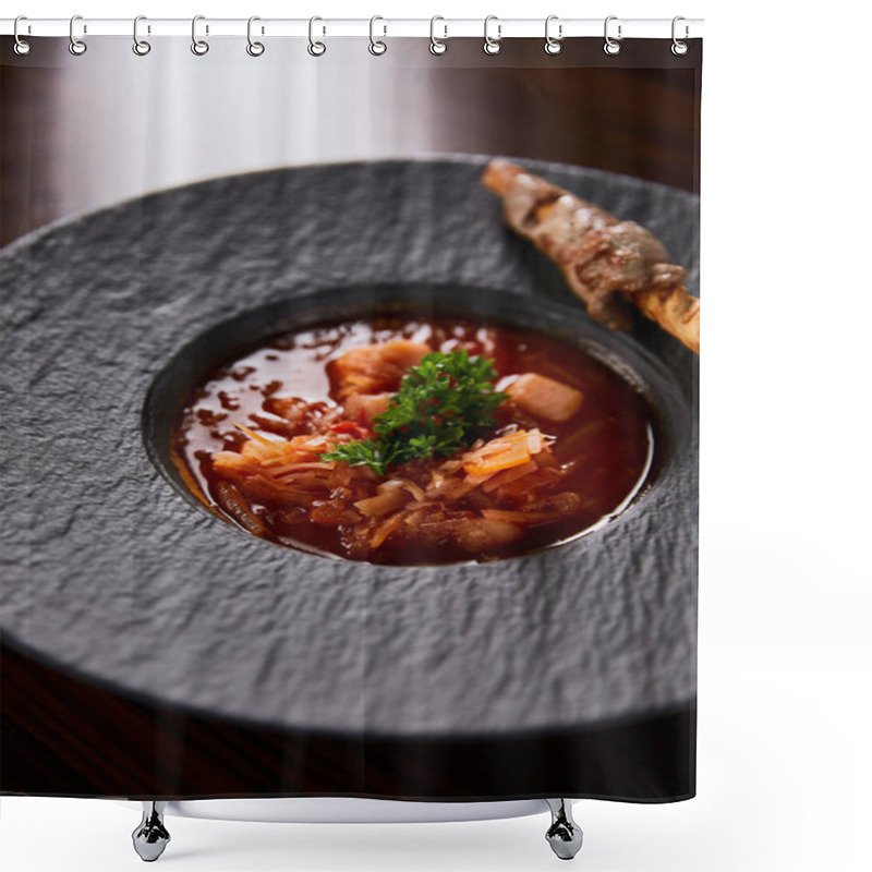 Personality  Traditional Ukrainian Borscht Garnished With Parsley In Black Plate Shower Curtains