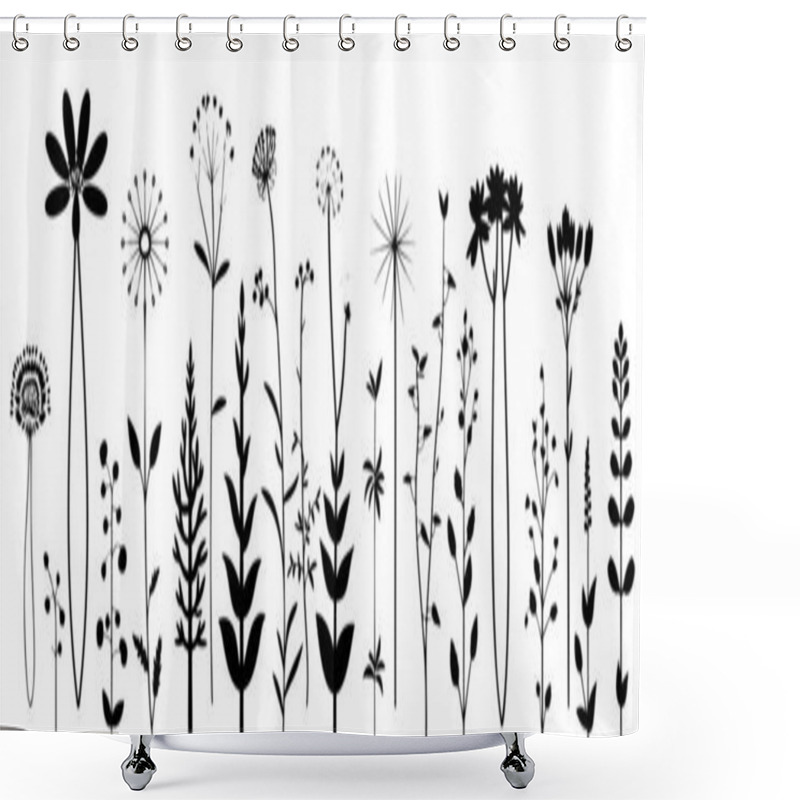 Personality  Silhouette Wildflowers Grass. Vector Black Hand Drawn Illustration With Spring Or Summer Flowers. Shadow Of Herb And Plant. Nature Field Isolated On White Background Shower Curtains