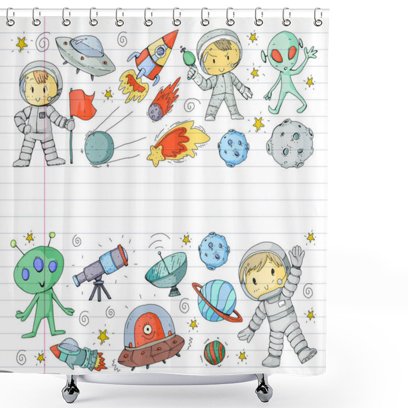 Personality  Moon Surface. Kindergarten Children Play Space Exploration. Alien, Ufo, Spaceship. Rockets. Children, Boys And Girls With Moon, Mars, Saturn, Jupiter Shower Curtains